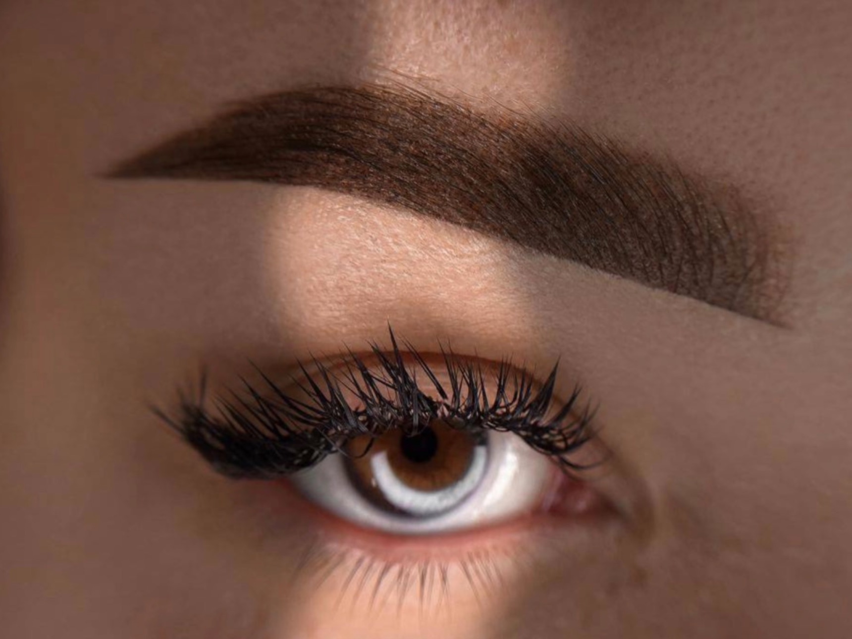 Close-up van een oog met volle wimpers en powder brow na de behandeling